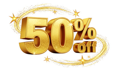 Golden fifty percent off with star trails on a black background for promotional advertising design on transparent background