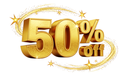 Golden fifty percent off with star trails on a black background for promotional advertising design on transparent background