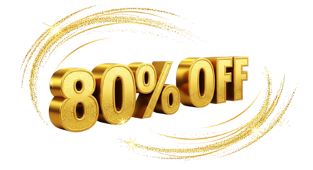 Golden eighty percent off with sparkling golden trails on a black background for sales promotion on transparent background