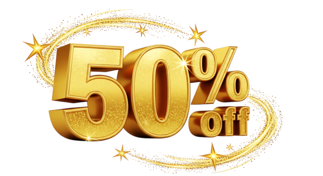 Golden fifty percent off with star trails on a black background for promotional advertising design on transparent background