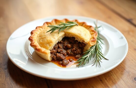 Homemade beef pot pie on white plate. Golden pastry crust cut open, revealing savory meat filling. Rich gravy drips. Fresh rosemary sprigs garnish delicious meal on rustic wooden table. Perfect hot