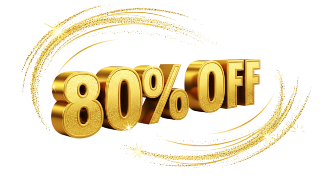 Golden eighty percent off with sparkling golden trails on a black background for sales promotion on transparent background