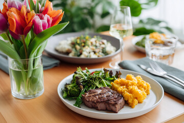 A beautifully arranged plate of grilled steak with sides, complemented by a vase of colorful tulips and a glass of white wine. It is all set on a dining table with other dishes.