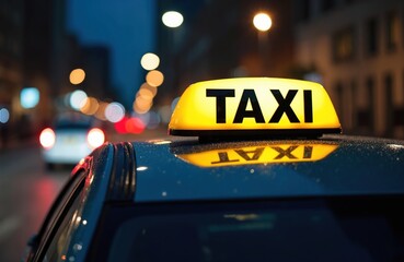 Taxi cab sign on car roof illuminated. Yellow taxi light in urban street at night. Transportation service vehicle in the city. Symbol taxi night