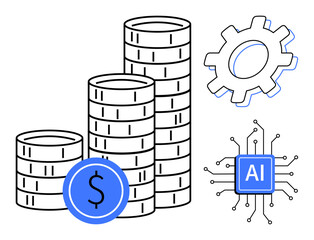 Stacked coins with dollar sign, AI chip, and gear highlight finance, technology, and innovation. Ideal for investment, digital economy, automation, fintech machine learning development simple flat