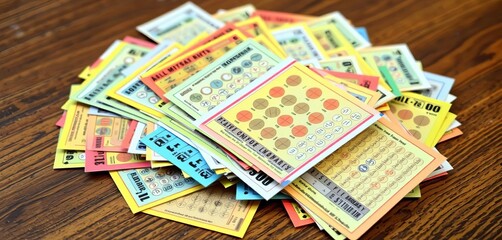 Pile of colorful scratch-off lottery tickets on wooden table,  cards,  surface