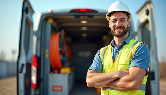 Man in safety vest and helmet stands by open van with tools and cables. Electrician ready for job. Pro technician with beard. Male worker poses.