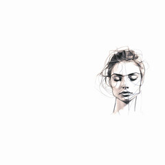 Portrait f&eacute;minin au crayon en trait continu au style minimaliste et expressif, chevelure ondul&eacute;e et visage d&eacute;licat sur fond blanc &eacute;pur&eacute; avec espace n&eacute;gatif copyspace