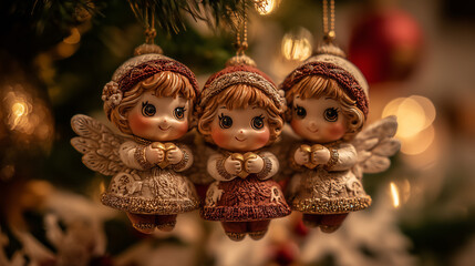 Trois figurines d’anges suspendues à une branche de sapin de Noël décoré avec lumières et boules dorées dans une ambiance chaleureuse pour Noël et fêtes de fin d’année