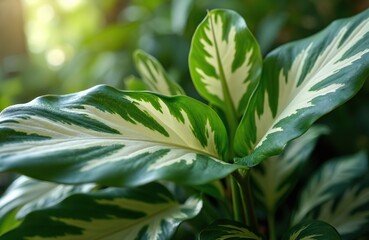 Obraz premium Close up photo of lush Dieffenbachia plant. The tropical houseplant showcases vibrant green leaves with white markings. Focus is on detailed leaf textures with soft background.