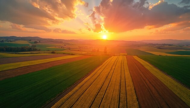 Aerial view over colorful patchwork farm fields at sunset. Sunlight paints sky orange and yellow. Rolling hills extend to horizon. Rural landscape shows diverse crops. - Powered by Adobe