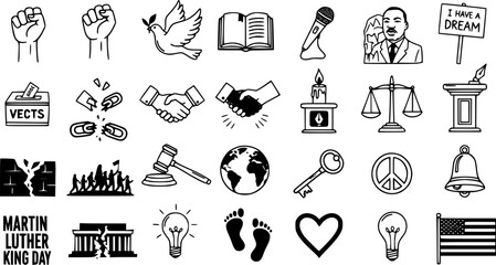 Martin Luther King Jr. Day and Civil Rights Line Art Icons Set. Featuring symbols of freedom, justice, peace, equality, democracy, protest, and hope for social change.