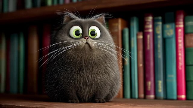 Charming fluffy animated gray cat with big green eyes sitting on a wooden bookshelf in a library, changing expressions from curious to grumpy, showing a wide range of adorable emotions
