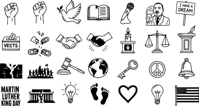 Martin Luther King Jr. Day and Civil Rights Line Art Icons Set. Featuring symbols of freedom, justice, peace, equality, democracy, protest, and hope for social change. - Powered by Adobe