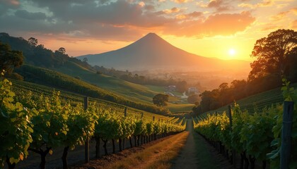 Naklejka premium Golden sunrise illuminates vast vineyard hills leading to majestic volcano peak. Green grape vines grow in neat rows towards distant hazy town. Scene offers peaceful rural panorama perfect for wine