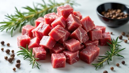 Heap of fresh raw lamb cubes arranged with rosemary sprigs, peppercorns. Ready for cooking, red meat prime ingredient for stews, curries, grilling. Perfect for culinary content, butcher shops.