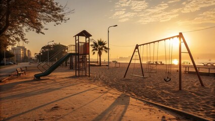 Empty playground on beach at sunset with swings and slide
