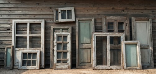 Obraz premium Collection of old wooden windows and doors lean on aged wood wall. Rustic exterior framing elements show wear and tear, perfect for renovation or historical themes.