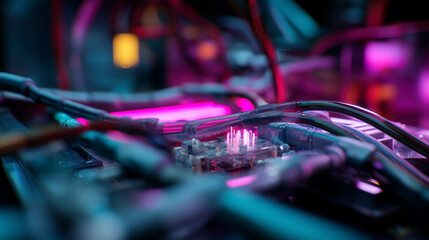 The composition combines realism with digital art elements physical neon components blended with augmented-reality visuals and AI-assisted holograms. The background includes futuri