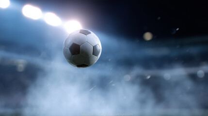 Naklejka premium A dynamic action shot of a soccer ball suspended mid-air beneath the bright stadium floodlights, frozen at the peak of motion during an intense football match. The blurred backgrou