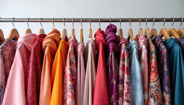 Various color hijabs hang on a clothes rack. Fabrics display floral patterns and solid hues. Muslim women headscarves are arranged neatly for display or sale. - Powered by Adobe