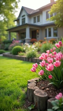 Pink tulips bloom brightly in green garden bed bordered by wood logs. Fresh grass, varied flowers decorate front yard. Beautiful family home stands in soft focus background on peaceful spring