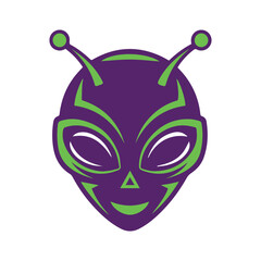 Alien head illustration – purple face, green antennae, and shiny eyes for sci-fi branding, pop culture mascots, and extraterrestrial character design.