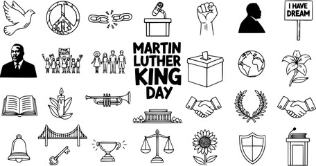 Martin Luther King Jr. Day Doodle Icons Set: Civil Rights, Peace, Justice, and Equality Symbols