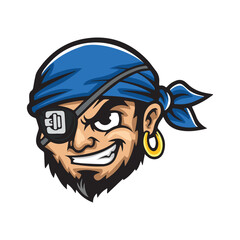 Pirate head illustration – blue bandana, black eye patch, gold earring, and mischievous grin for adventure branding, mascot identity, and treasure-themed character design.