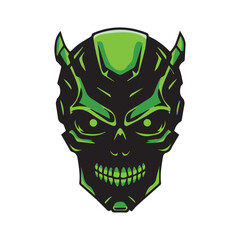 Alien skull illustration – black and green design with glowing eyes, sharp teeth, and horned head for sci-fi branding, gaming mascots, and futuristic identity visuals.