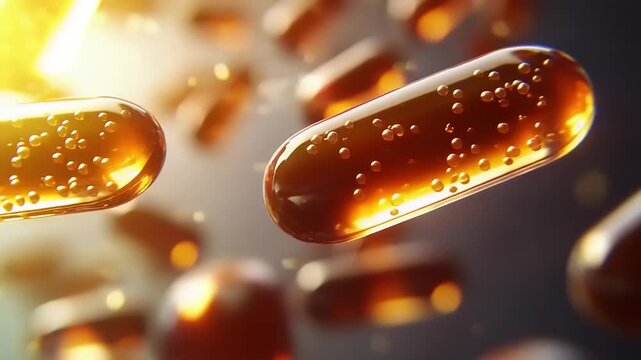 Numerous translucent amber softgel capsules suspended in luminous environment - Powered by Adobe
