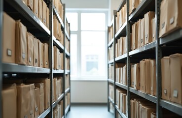 Obraz premium Rows of documents organized on shelves in an archive room. Brown file folders are neatly arranged. Light shines from window between shelves creating depth.