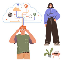 Person adjusting glasses, tech-inspired network in the cloud, individual in relaxed attire, small table with plant. Ideal for creativity, connection, innovation, technology, lifestyle teamwork