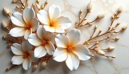 Fototapeta premium White plumeria flowers with gold accents on marble background. Blooming tropical blossoms and buds with delicate petals and golden stems. Elegant floral arrangement for luxury decor and spa themes.
