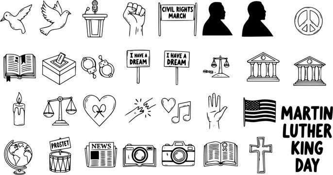 Martin Luther King Jr. Day and Civil Rights Movement doodle icons set. Hand-drawn symbols of peace, justice, freedom, and equality for African American history and human rights.