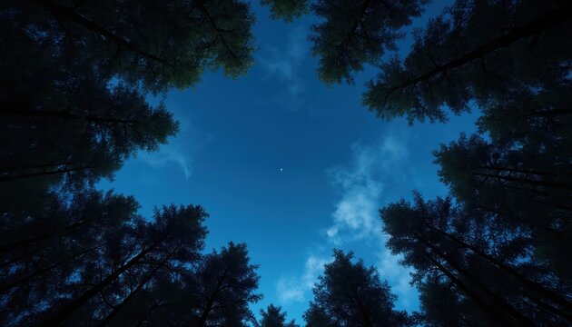 Looking up through pine trees at a clear night sky with scattered clouds and a single bright star. Silhouetted branches frame the vast blue expanse. - Powered by Adobe