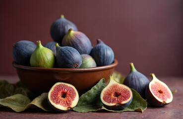 Ripe figs rest in a rustic bowl on dark background. Deep violet and brown figs with green leaves offer natural sweetness. This image showcases fresh fruit perfect for food styling or health concepts.