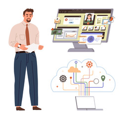 Man examining papers beside screen showing diverse data, graphs, cybersecurity visuals, and a cloud-connected system linking processes. Ideal for technology, data management, cloud computing