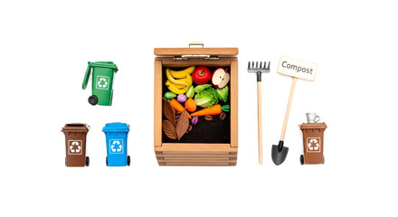 Compost bin with gardening tools amidst recycling containers