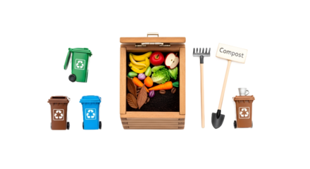 Compost bin with gardening tools amidst recycling containers