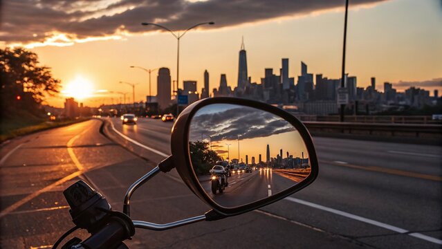 Motorcycle mirror reflects golden city skyline at sunset