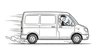 Cartoon Stick Figure Driving Van Fast with Hand Gesture.