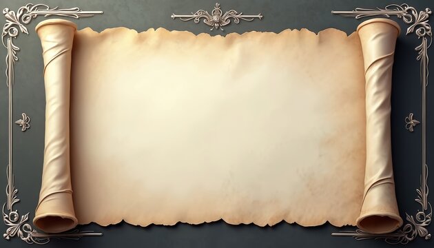 Old parchment scroll with ornate silver frame on dark background. Elegant vintage design element for certificates, diplomas invitations. Antique style illustration for luxury wedding formal events.