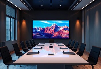 Sleek minimalist conference room with large screen, modern furniture,  light,  comfortable chairs