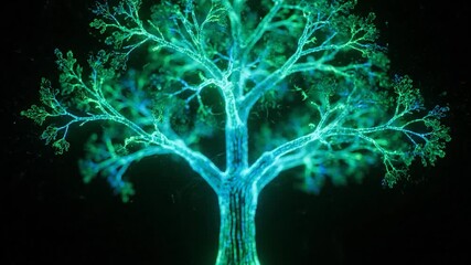 A glowing, stylized tree with intricate branches and leaves, emitting a vibrant green light