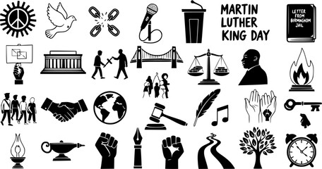 Martin Luther King Jr. Day and Civil Rights Movement Symbols: A collection of icons representing peace, justice, equality, protest, and freedom
