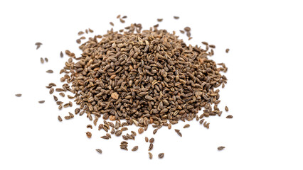 A pile of Italian Naples Giant parsley seeds on a white background, highlighting their natural brown color and fine texture, symbolizing organic gardening and fresh herb cultivation.