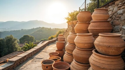 Stacks of terracotta pottery drying in bright sunlight outdoors