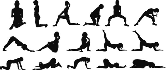 ダイエットする女性のイラストセット(ストレッチ)