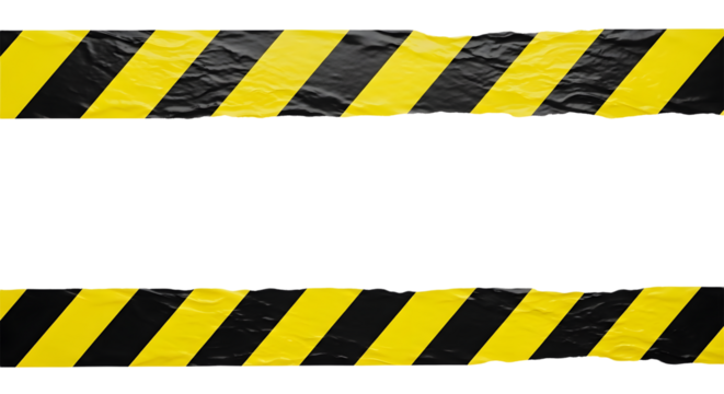 Two strips of wrinkled yellow and black striped caution tape for restricted areas. Isolated on transparent background, png�